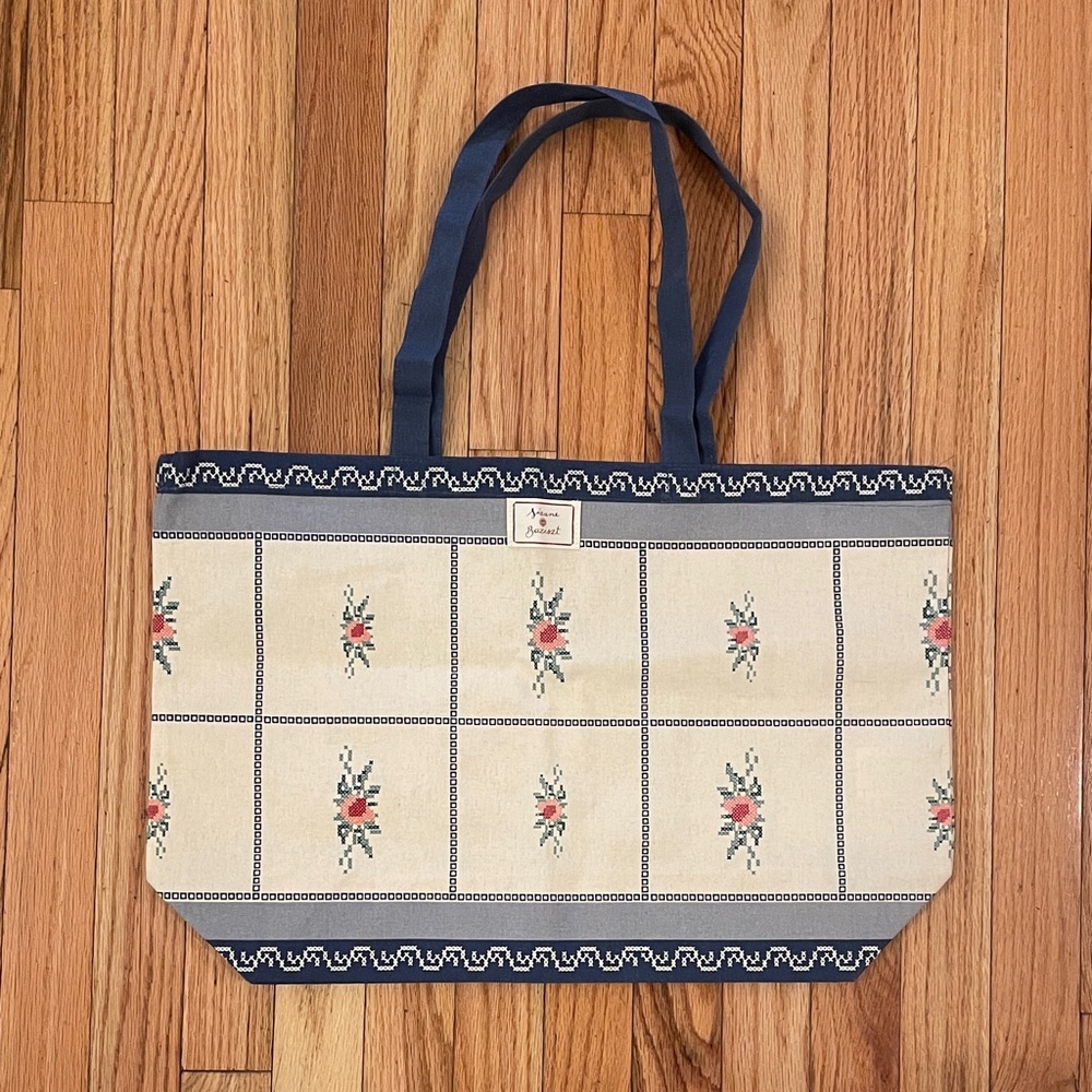 Sezane Floral Canvas Tote in Navy and Cream